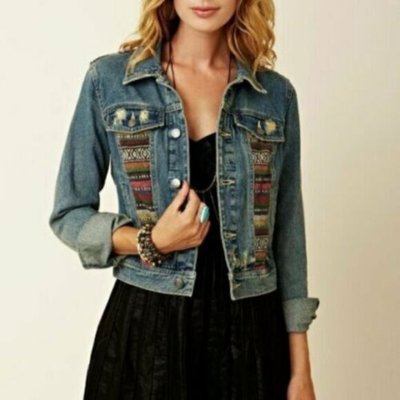 Free People Aztec Baja Print Boho Vintage Denim Jean Jacket 4 S - Picture 3 of 3